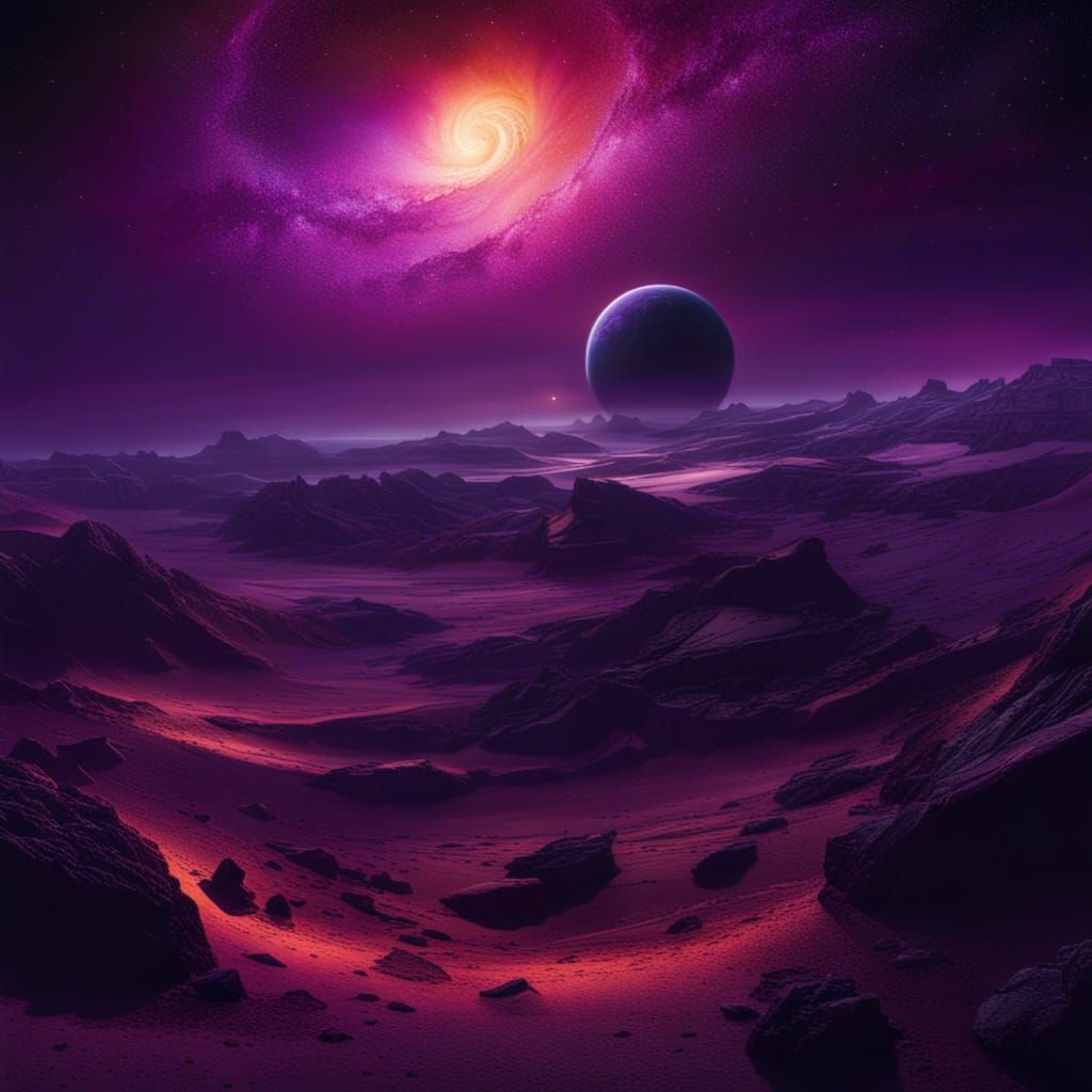 Purple Planet with Distant Black Hole, Digital Art