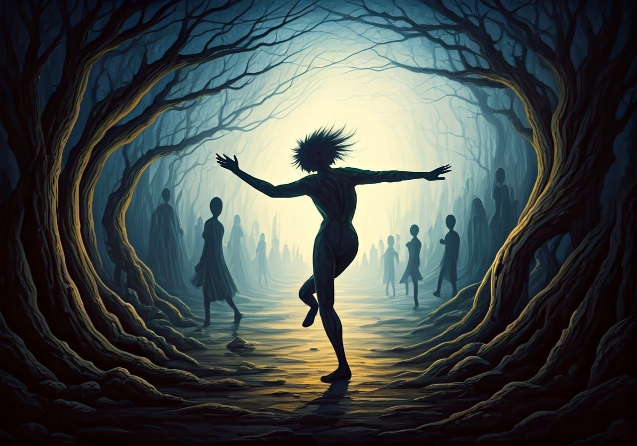 Shadow Dance in Whimsical Landscape, Oil Painting