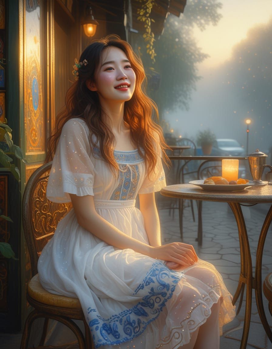 Korean Woman in Cafe: Romantic Realism Portrait