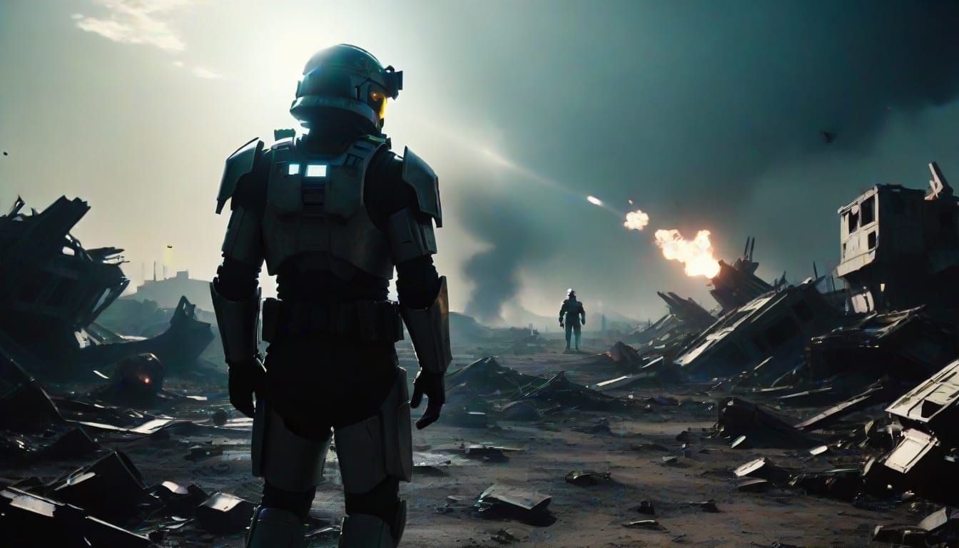 Gritty Starship Commander Stands Tall in Desolate Battlefiel...