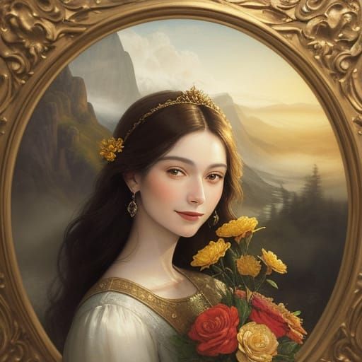 Elegant Woman in Soft Focus, Holding a Yellow Flower