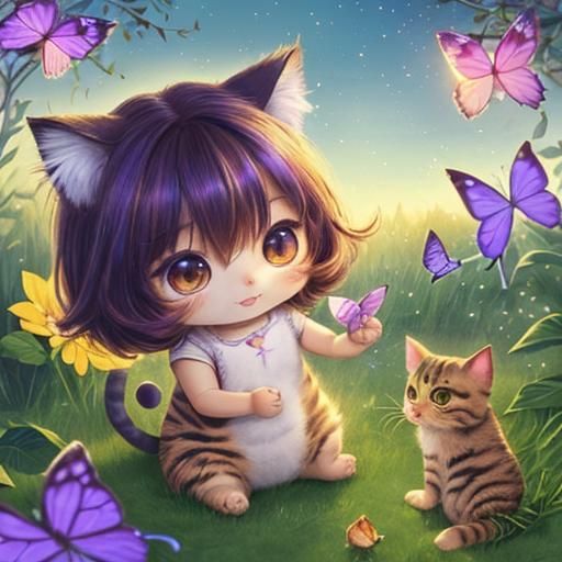 Chibi Cat Plays with Butterfly in Stardust Sunlight