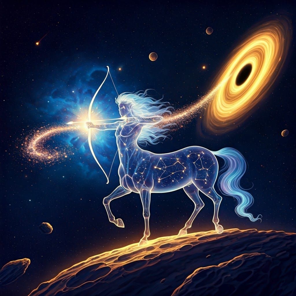 Majestic Centaur Archer Stands atop Glowing Asteroid, Aiming...