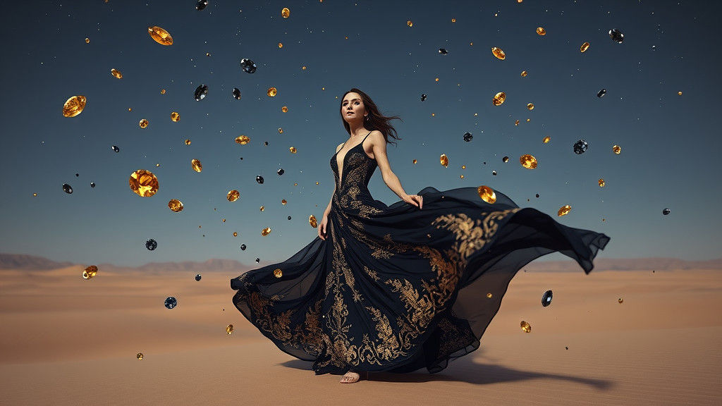 Woman in Gown Under Diamond Rain, Hyperrealistic Digital Art