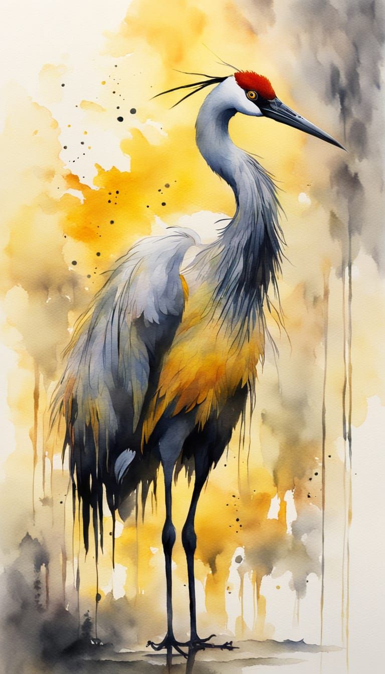 Oriental Crane in Yellow, Wet-on-Wet Watercolor