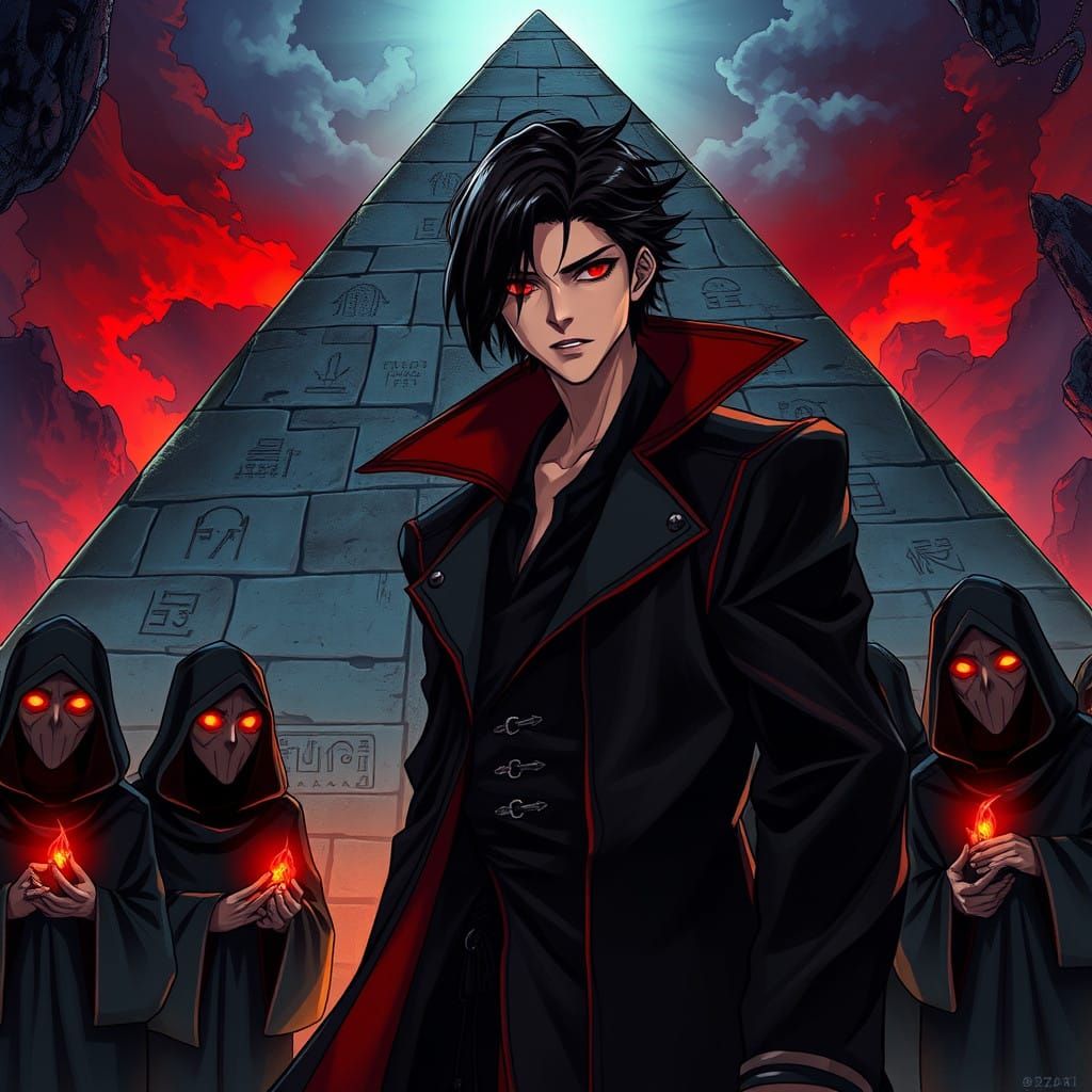 Majestic Vampire in Front of Pyramid, Surrounded by Glowing....