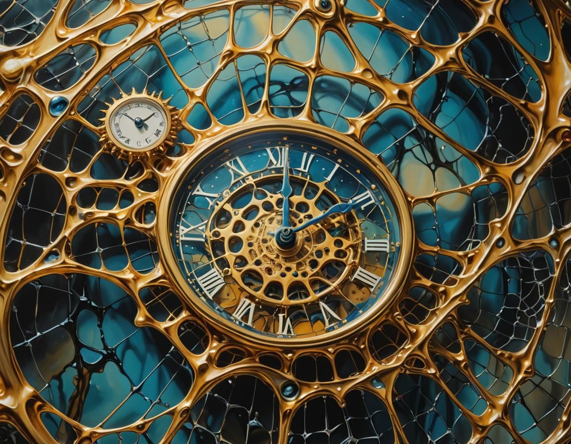 Melting Clocks in Dew-Kissed Web: Surreal Oil Painting