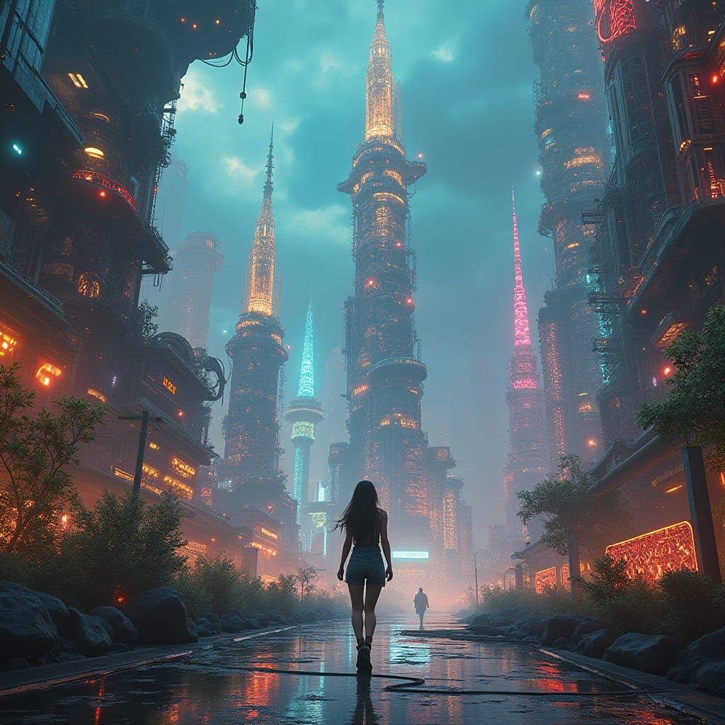 Cyberpunk Metropolis of 2098 in Vibrant Neon Hues