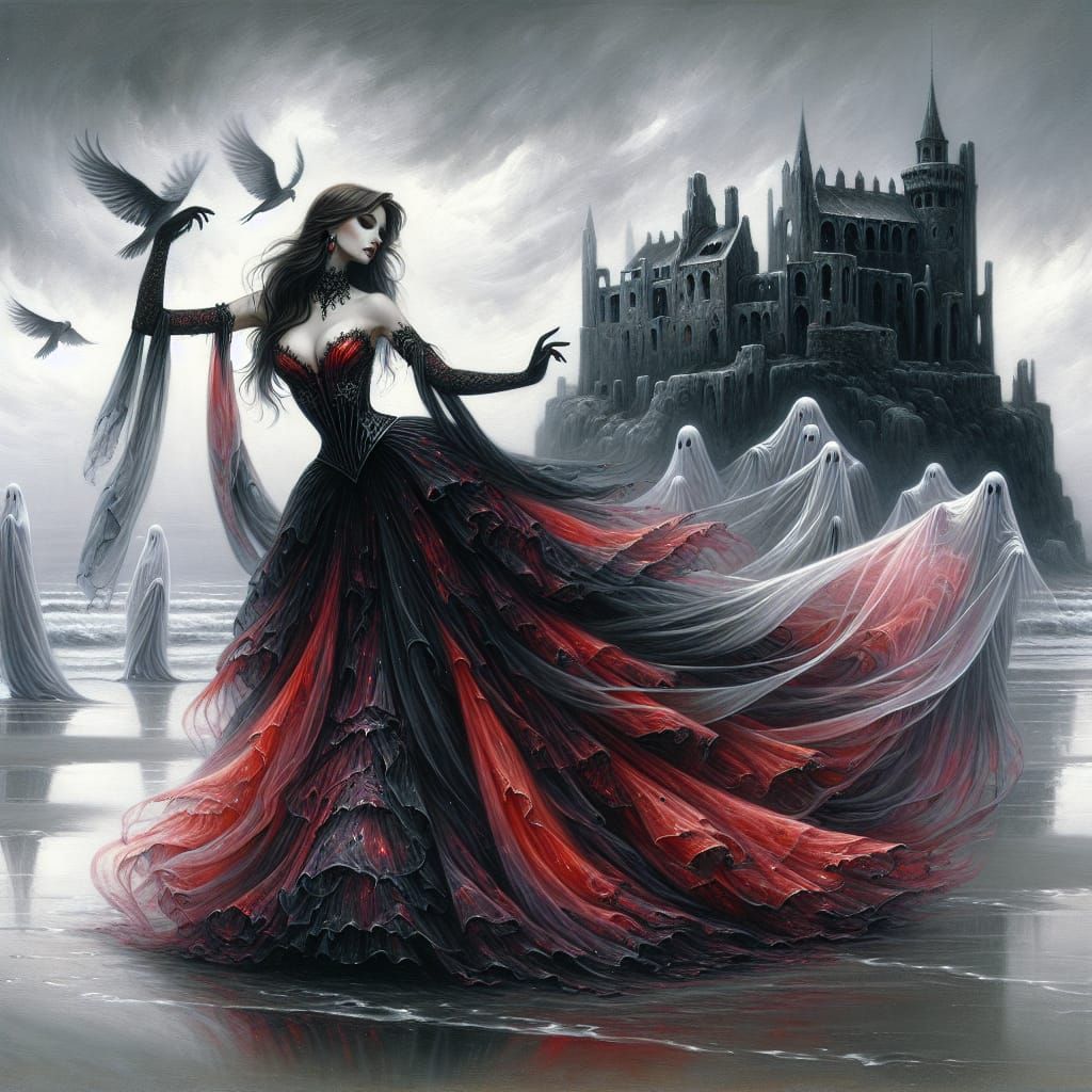 Gothic Lady Dancing with Ghosts on Beach