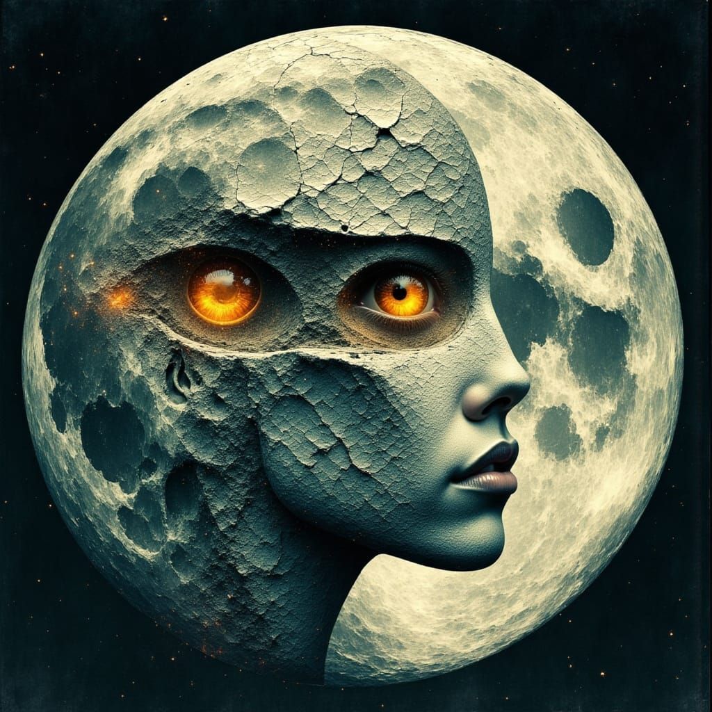 Surreal Lunar Face with Double Exposure Effects