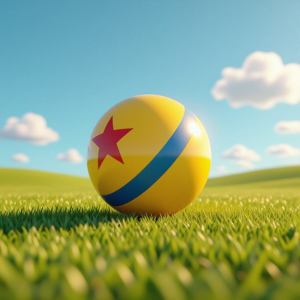 Iconic Pixar Ball Rolls on Grassy Plain