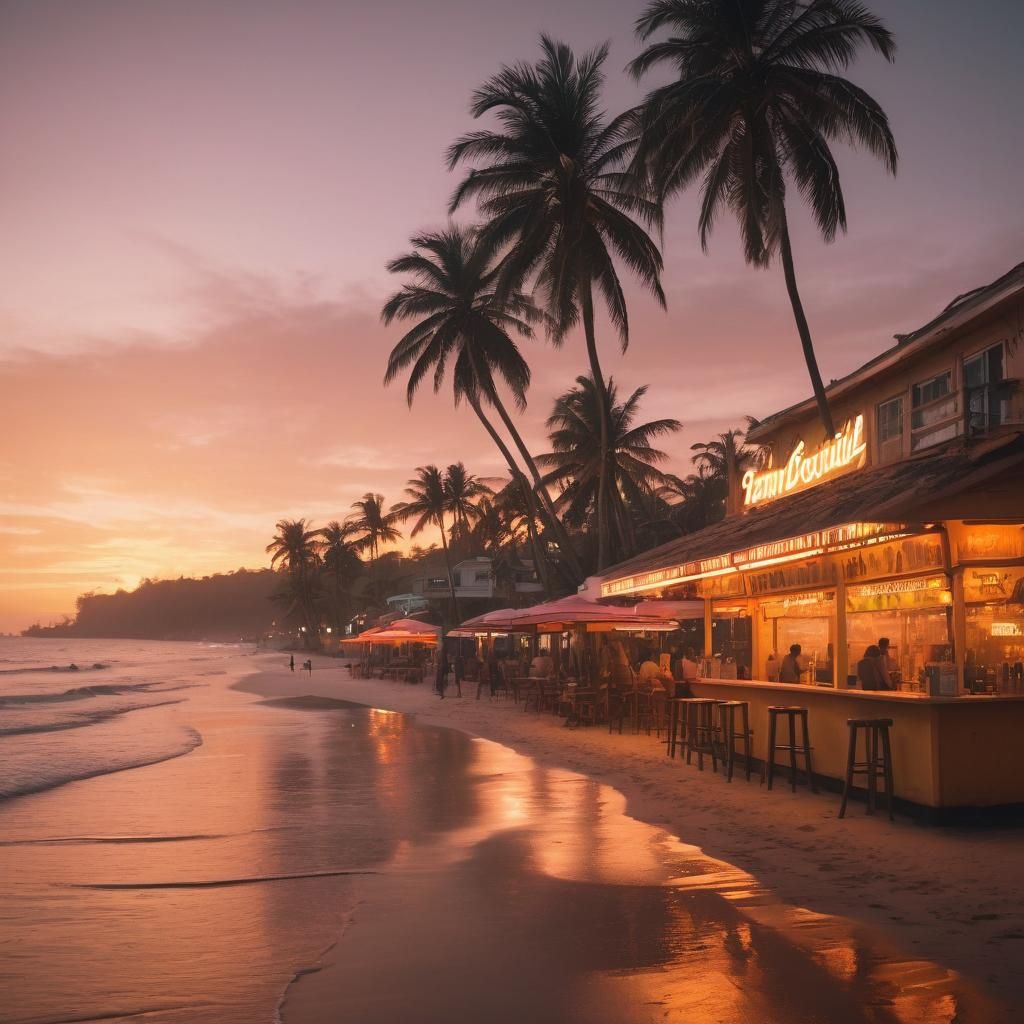 Tropical Beach Sunset in Vibrant Oil Painting Style