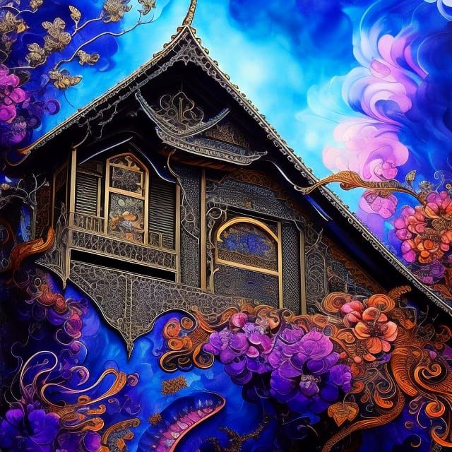 Indigo Filigree House in Japanese Art Style