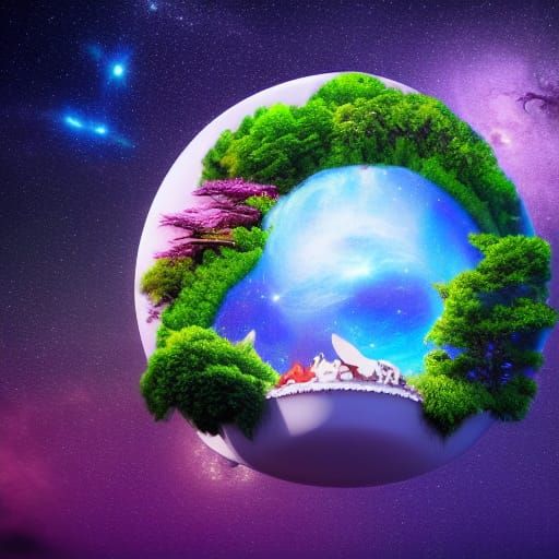 Floating Island Amidst Galaxies in Hyperrealistic Style