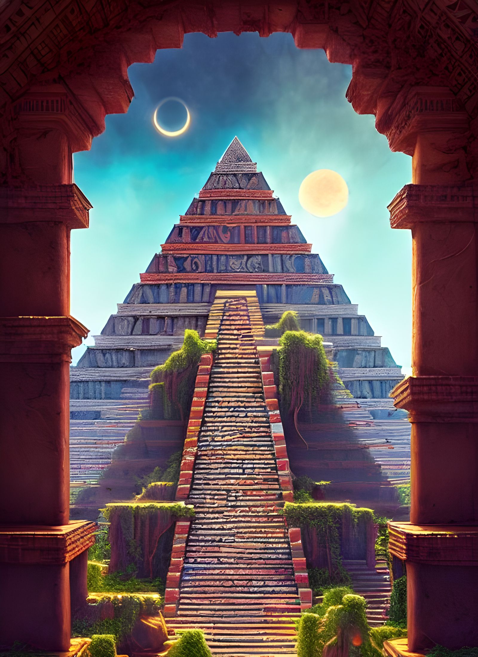 Ornate Aztec Pyramid with Chaotic Energies, Digital Painting