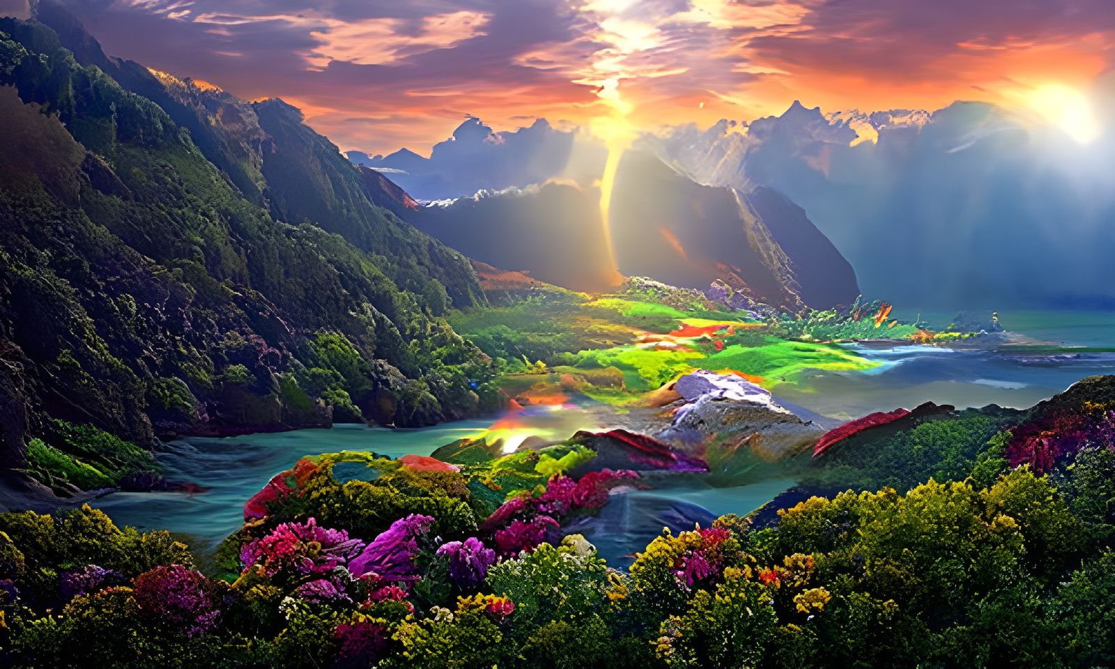 Rainbow Lightning Over Verdant Canyon Landscape