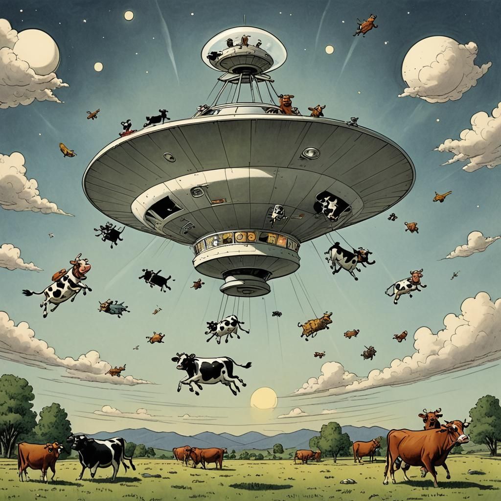 Cows in Flying Saucer Comic Art