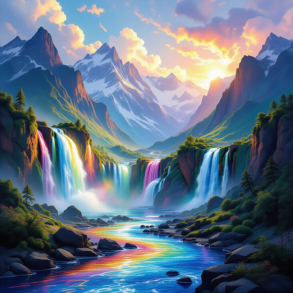 Neon Waterfalls in a Surreal 3D Mountain Dreamscape