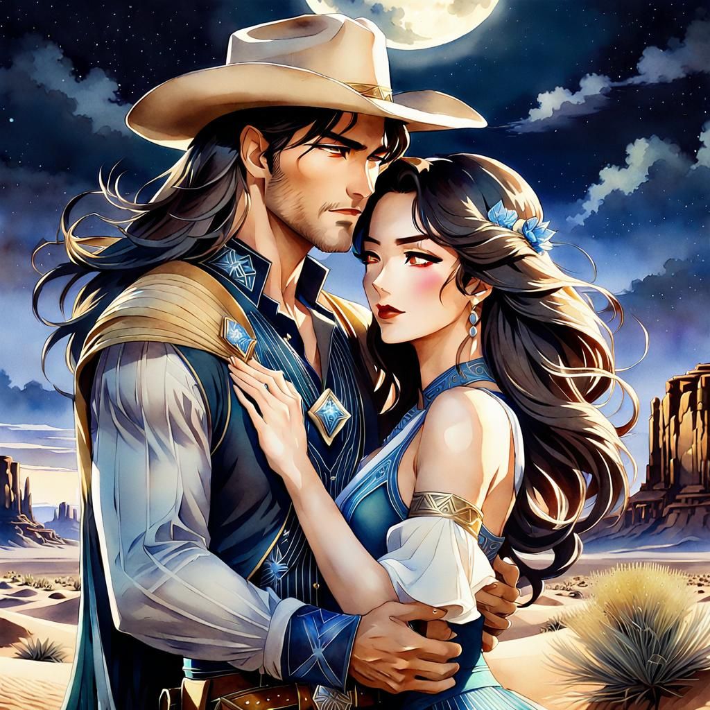 Anime Cowboy Romance in Art Deco Style
