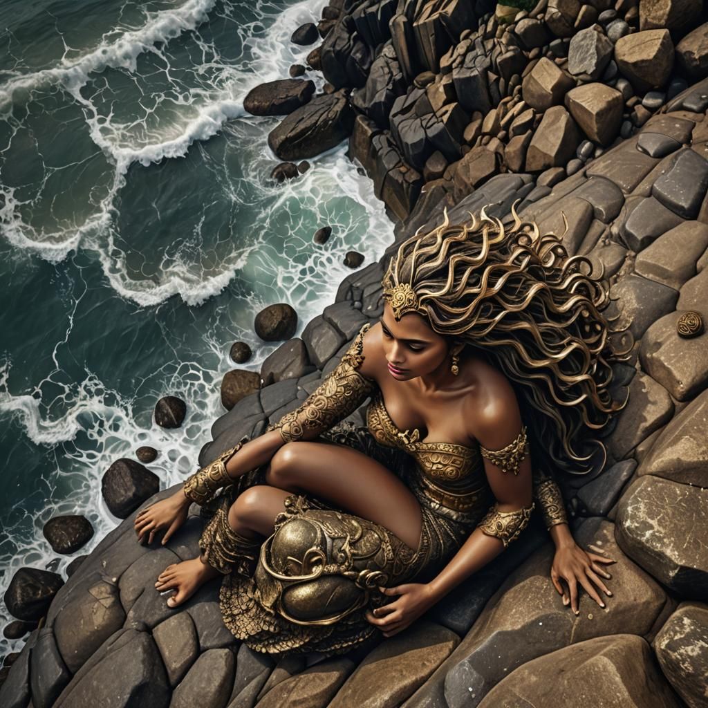 Latina Mermaid with Golden Apple by the Sea