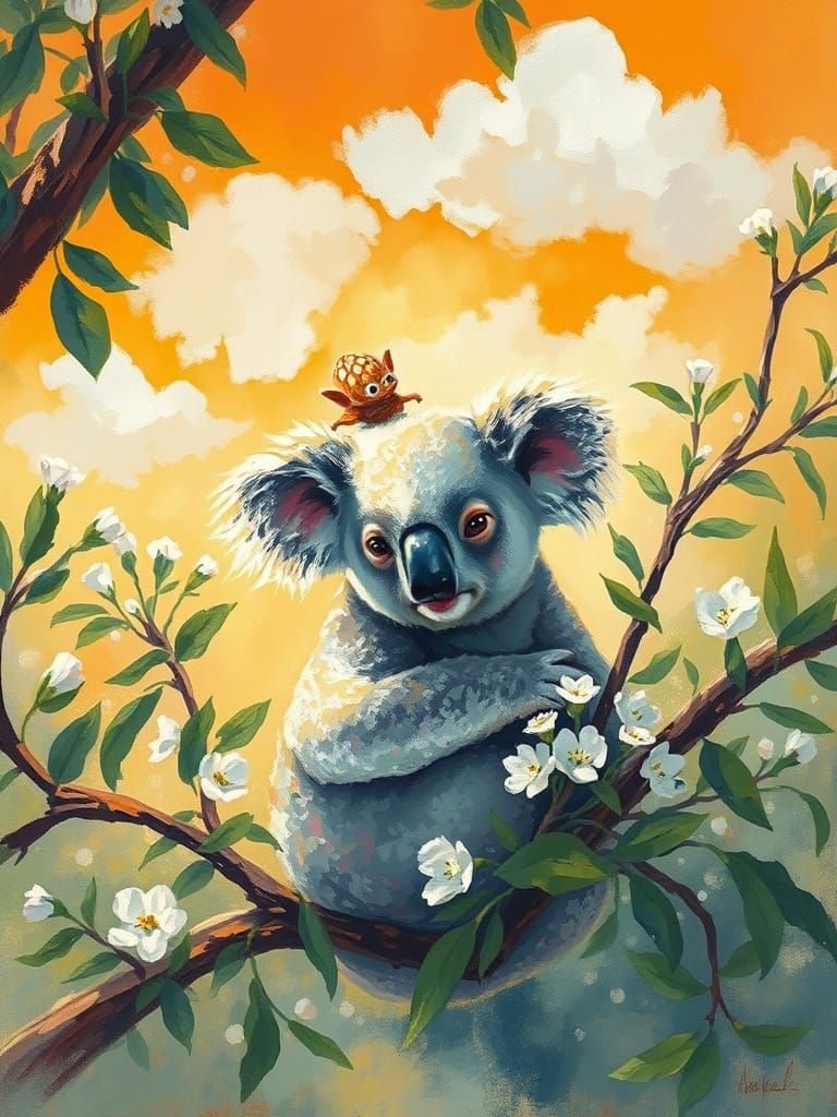 Impressionist painting of a koala in a eucalyptus tree