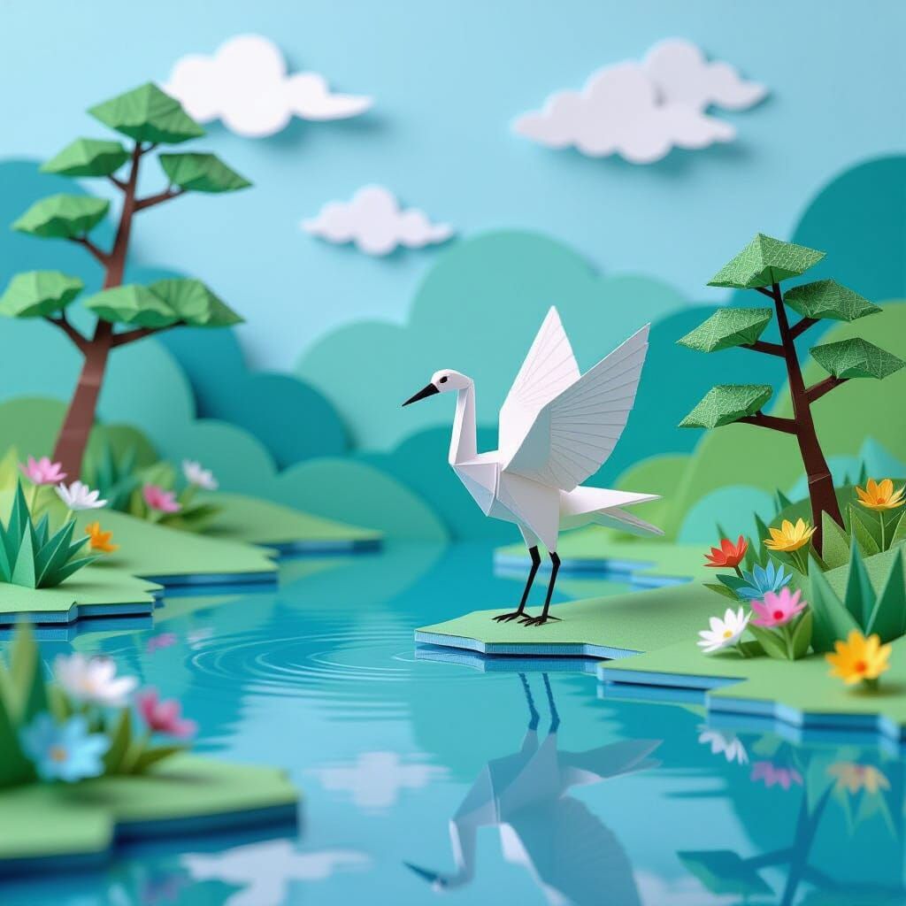 Origami Crane by Serene Lake Landscape