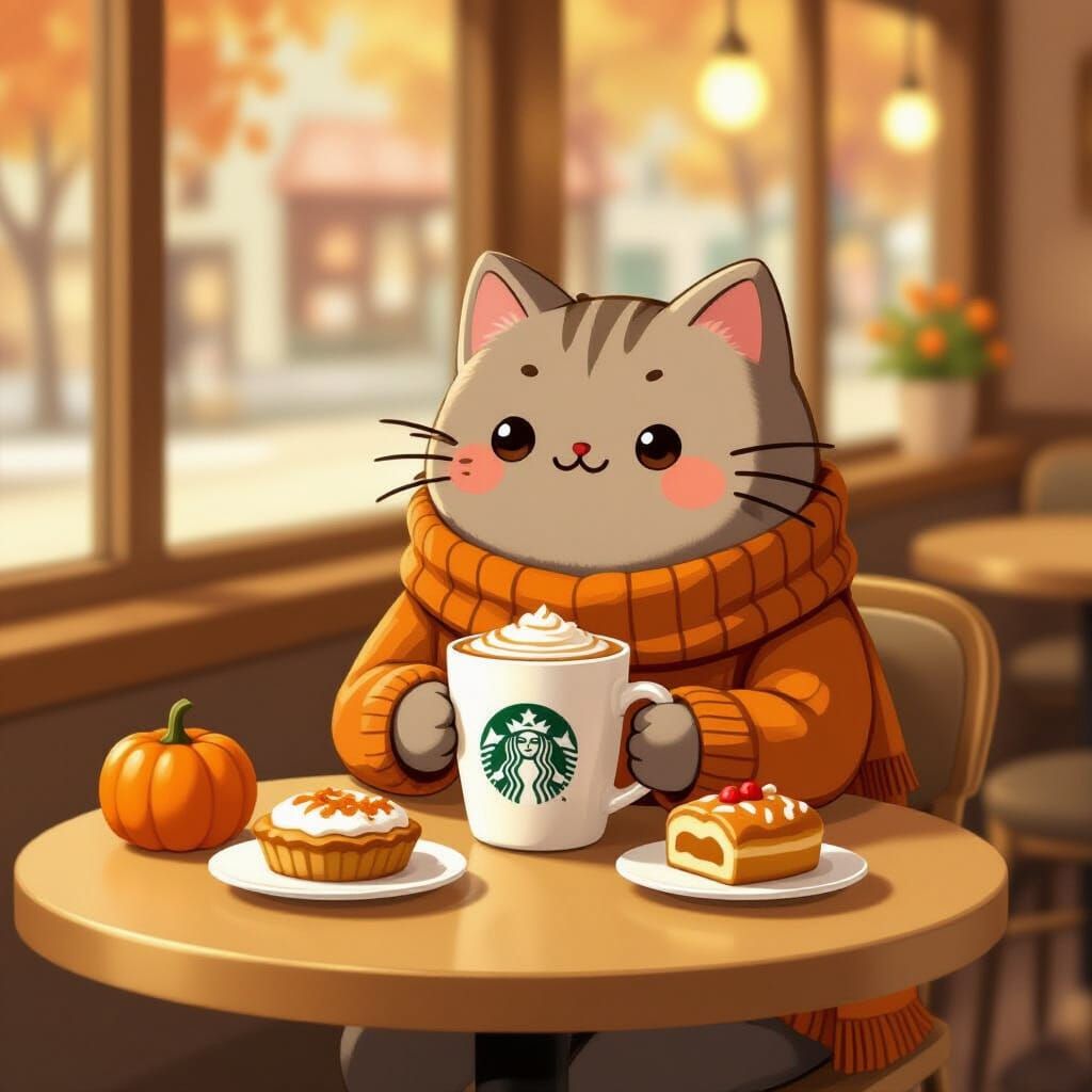 Kawaii Pusheen with Pumpkin Spice Latte, Miyazaki Style