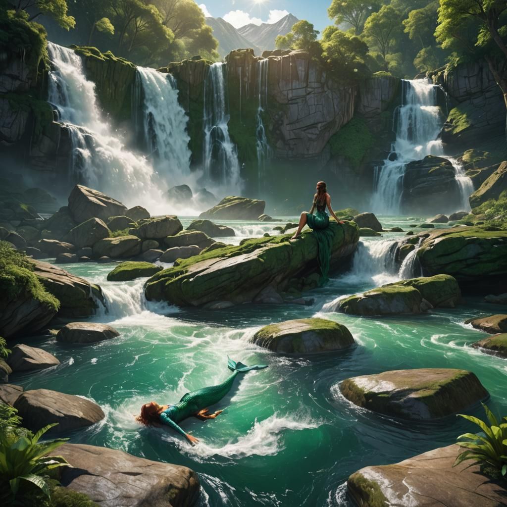 Mermaid Relaxation on Emerald Rock: Fantasy Concept Art