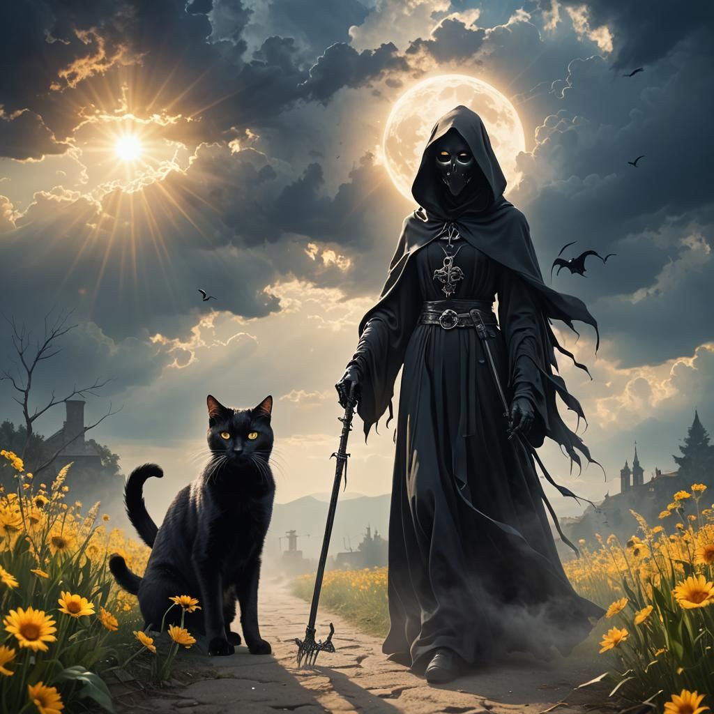 Female Grim Reaper with Black Cat in Divine Light