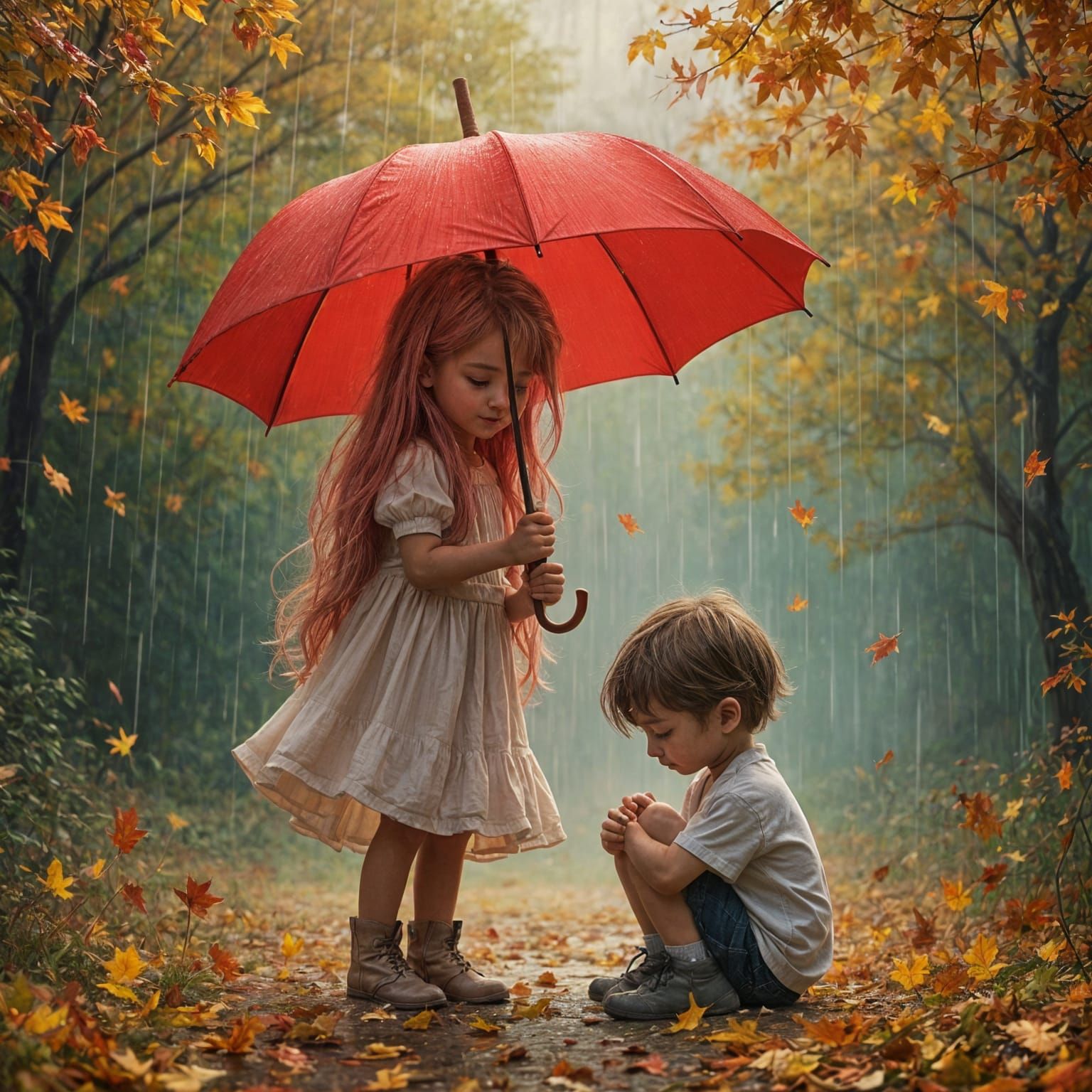 Children Under Red Umbrella in Gentle Rain