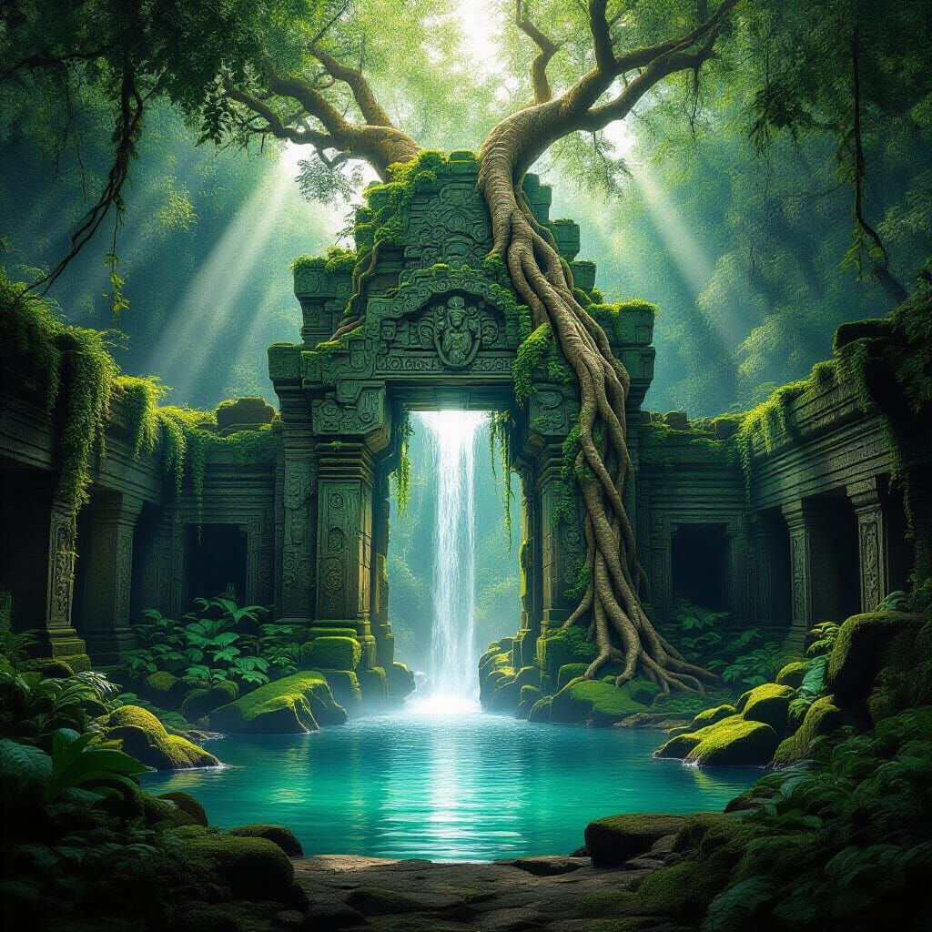 Ancient Jungle Ruins with Jaguar and Luminous Waterfall