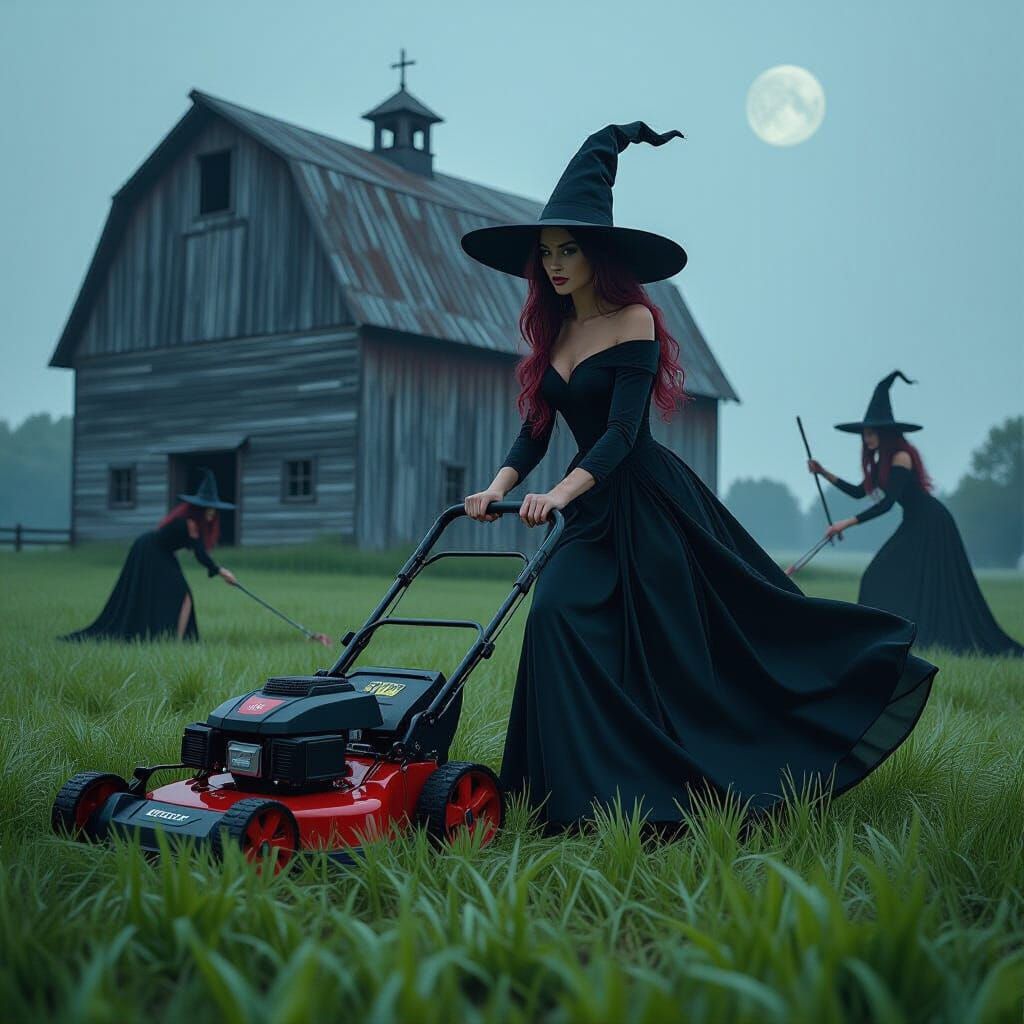 Ruby-Gem-Witch Mowing Lawn in Escher-Inspired Cyberpunk Scen...