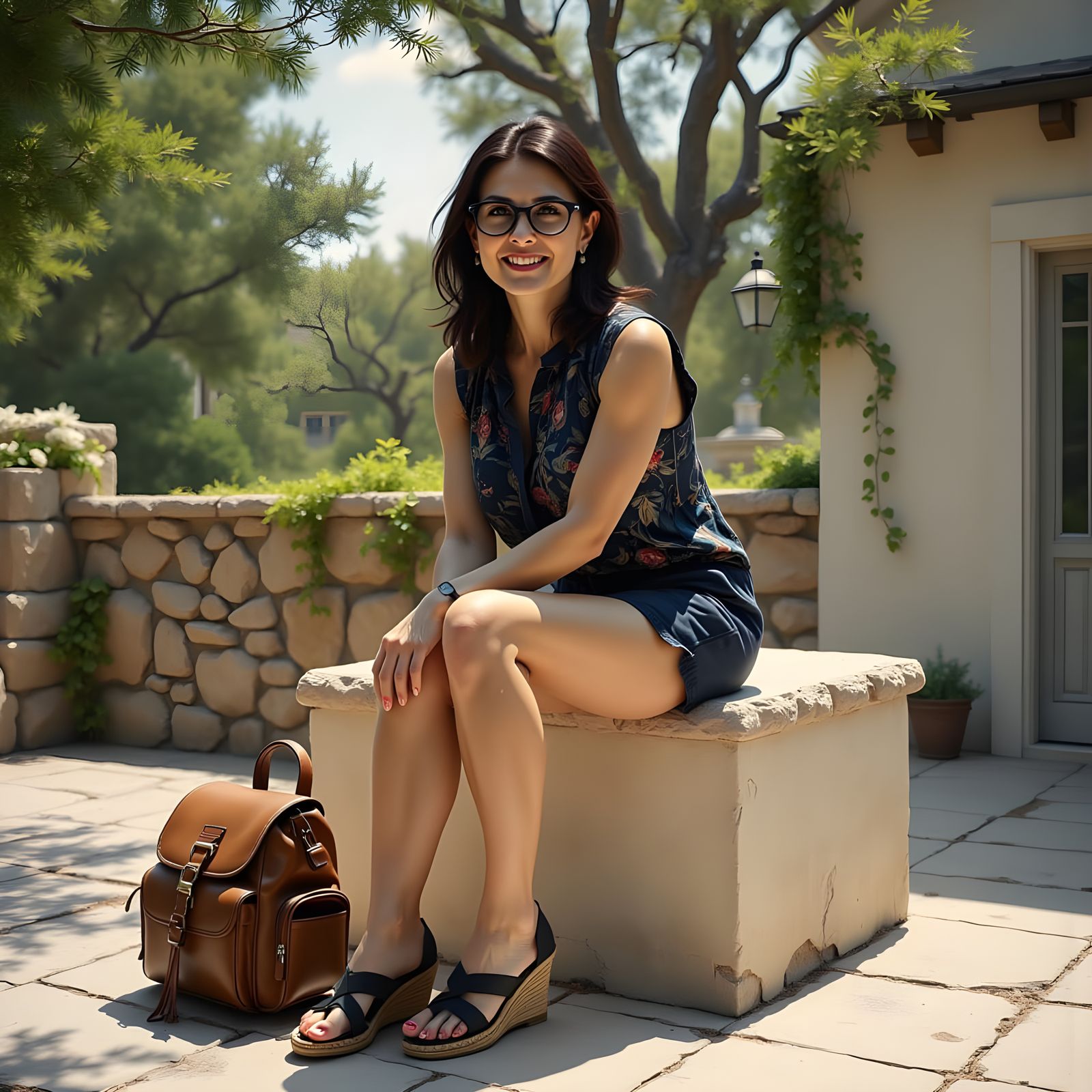 Woman in Glasses and Floral Top on Stone Bench