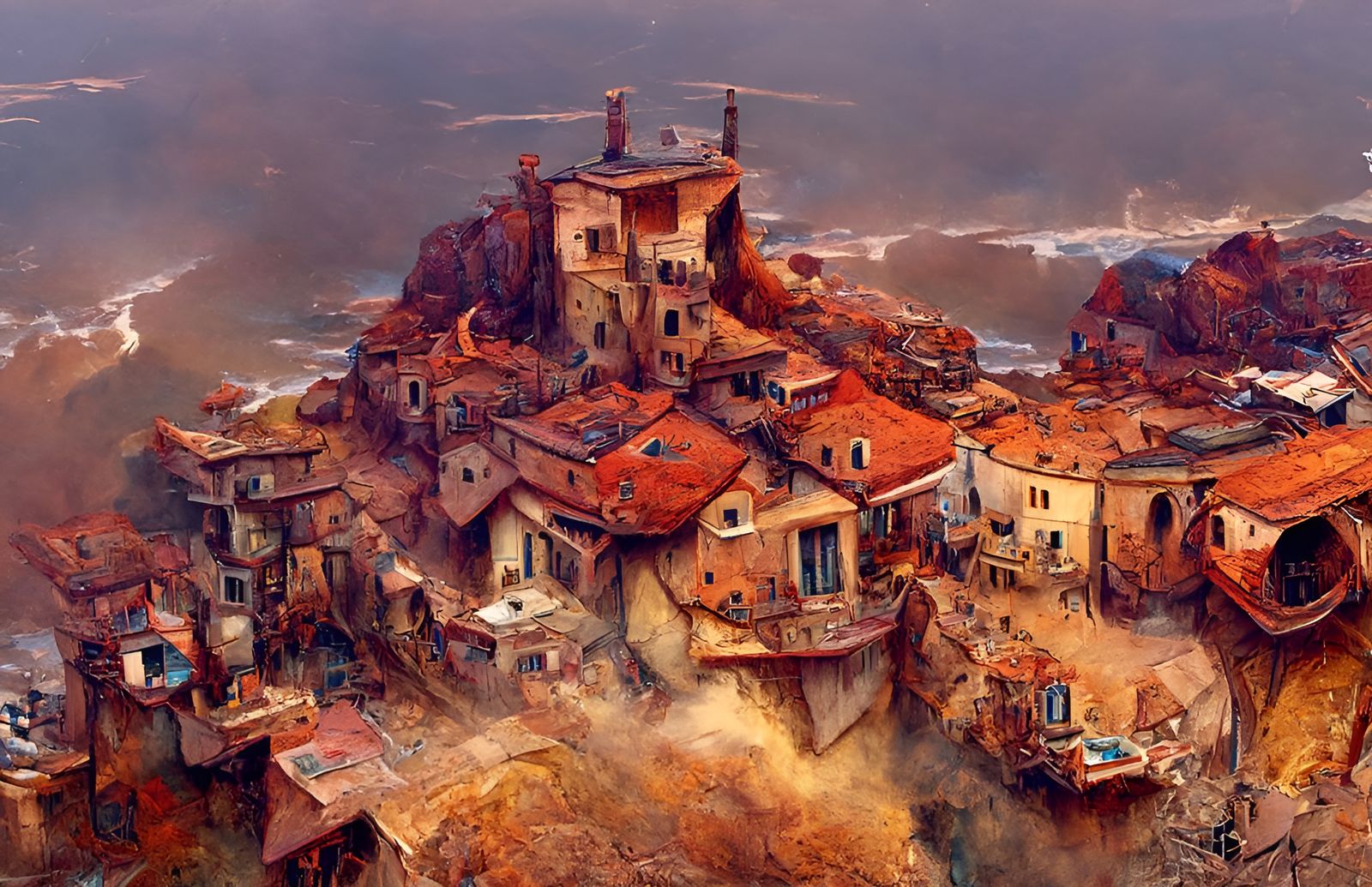 Italian Coastal Village Aerial View: Detailed Watercolor Ill...
