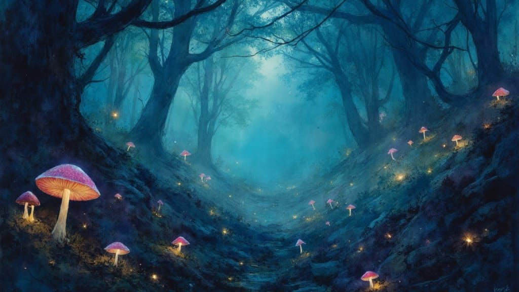 Bioluminescent Forest at Midnight with Glowing Flora