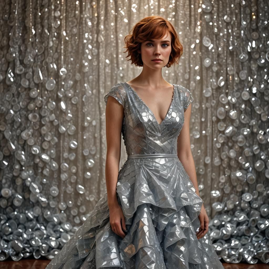 Bubble Wrap Gown in a Ballroom: Hyperrealistic Image