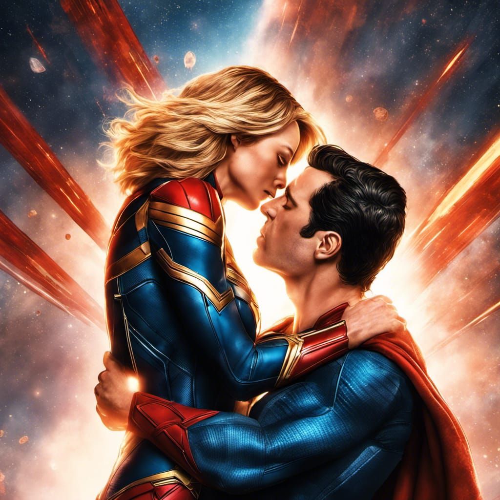 Captain Marvel and Superman Kiss in Space