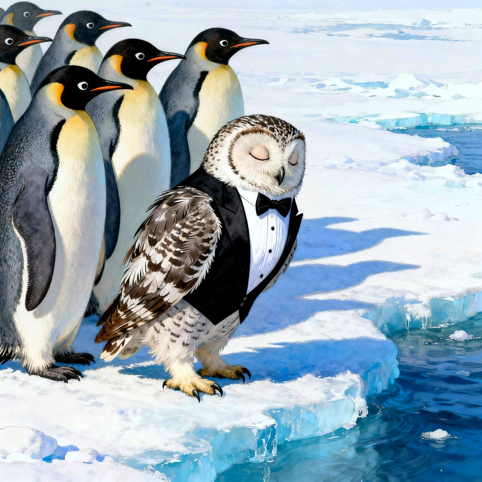 Sleepy Owl Imposter Among Penguins in Tuxedo