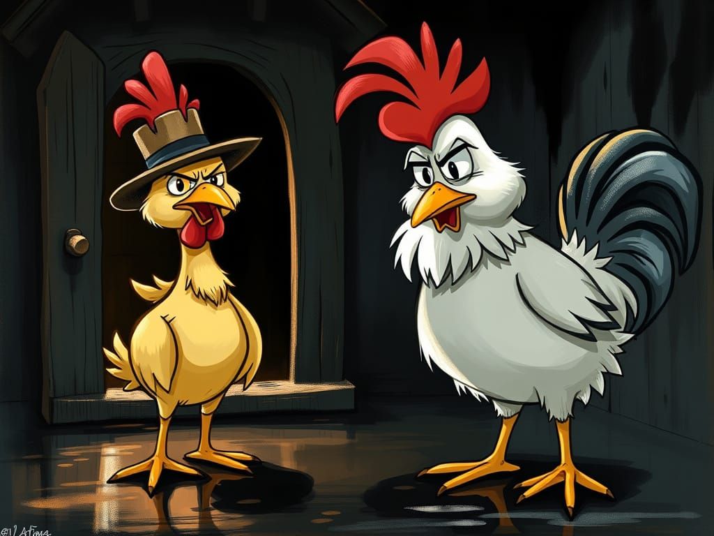 Grumpy Chick Guarding Henhouse in Looney Tunes Style