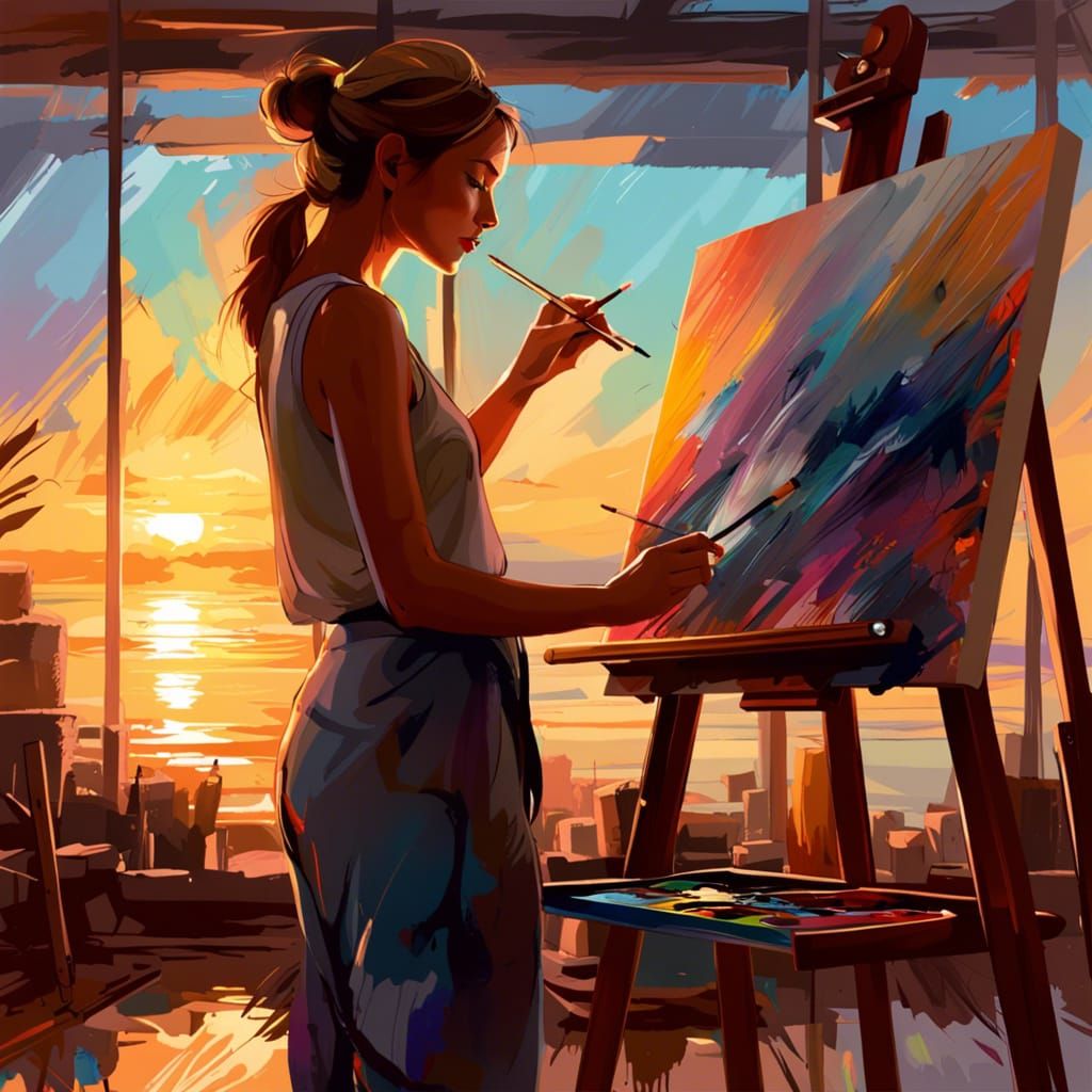 Woman Painting: Detailed Line Art Composition