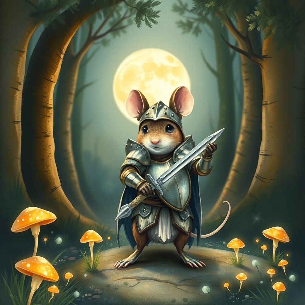 Mouse Knight Defies the Night in Whimsical Watercolor Illust...