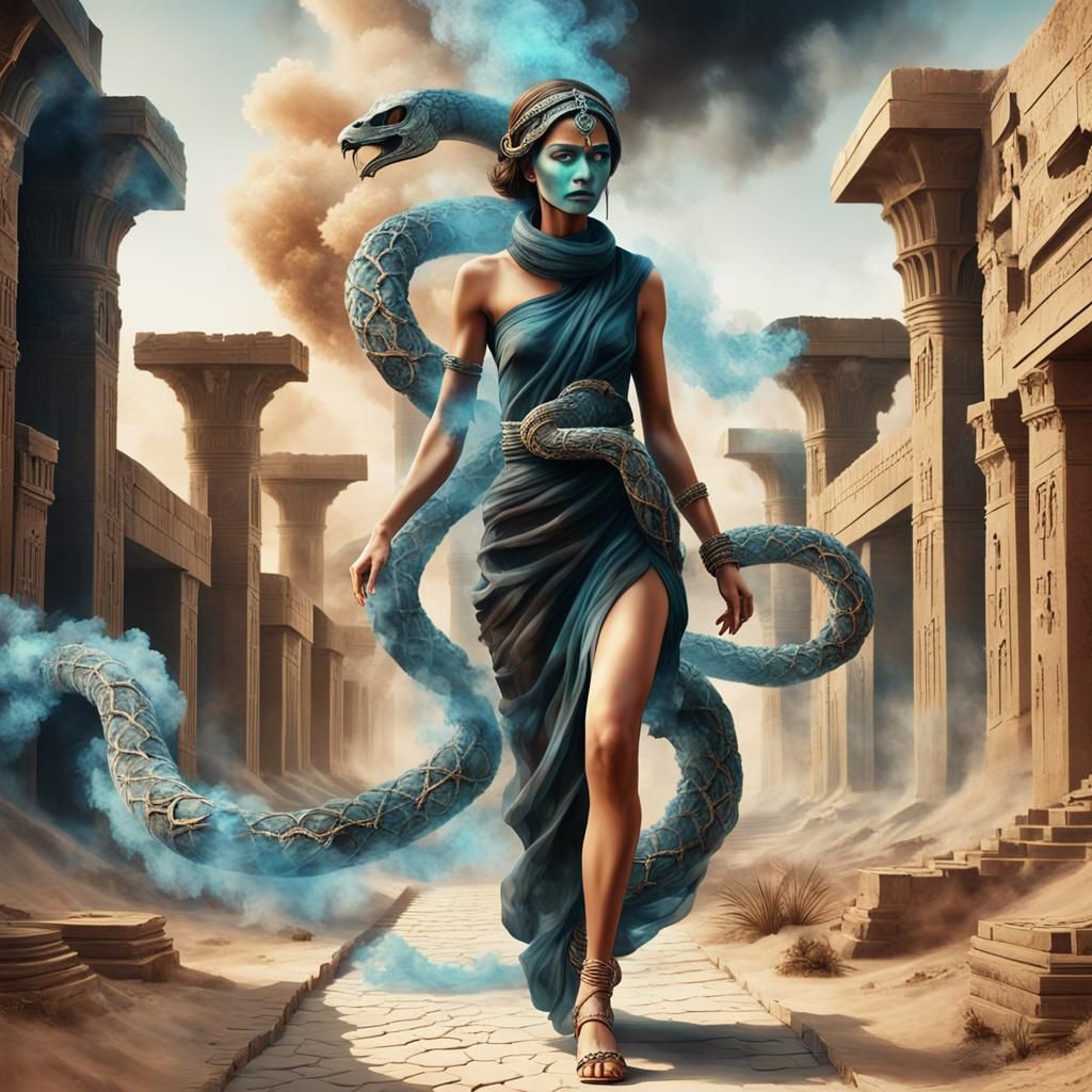 Crystal Serpent and Woman in Ruined Egyptian Land