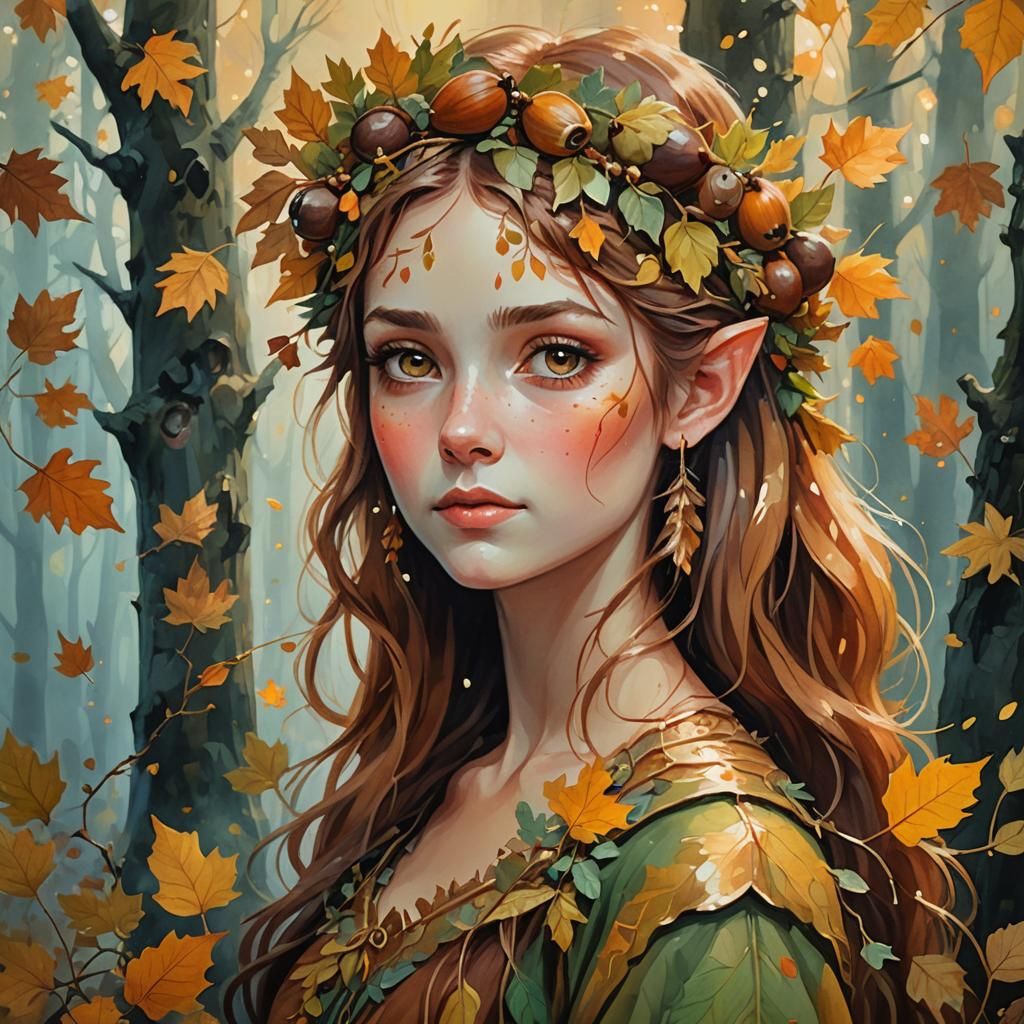 Autumn Fae in Misty Forest: Gouache Painting