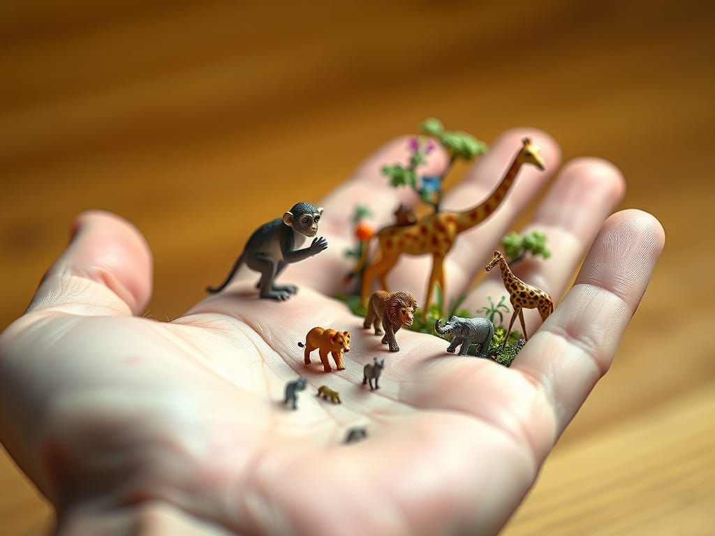 Miniature Zoo on a Giant Human Hand