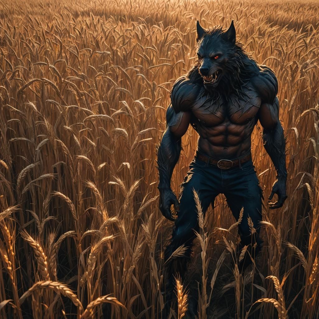 Werewolf Hunter in Wheat Field: Dark Fantasy Art