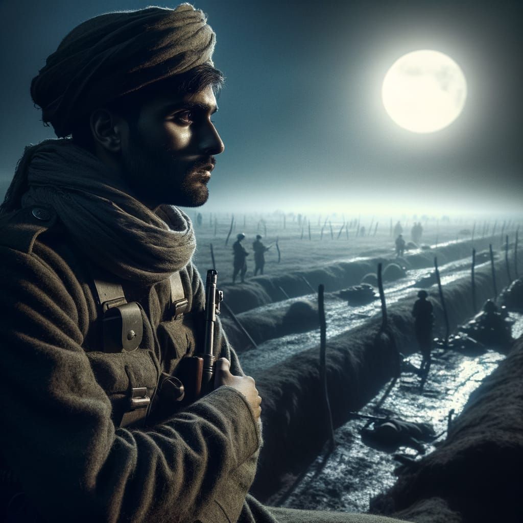 Soldier Guards Moonlit Battlefield, Pondering War