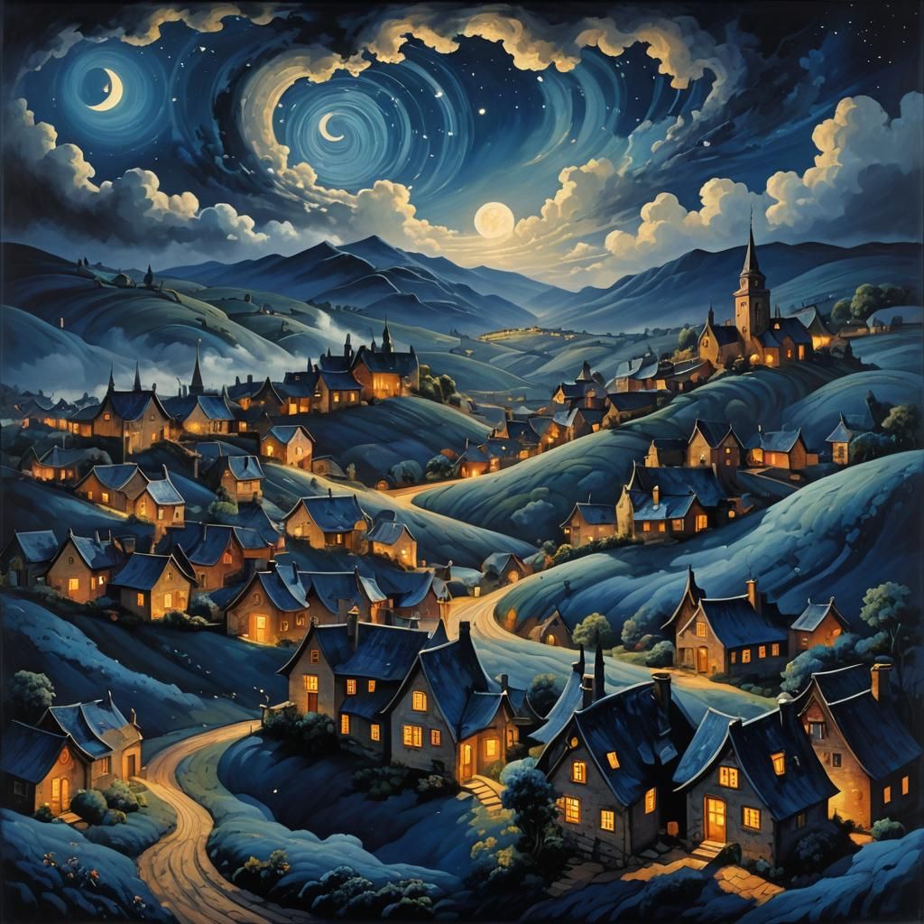 Surreal Village Under Starry Night Sky