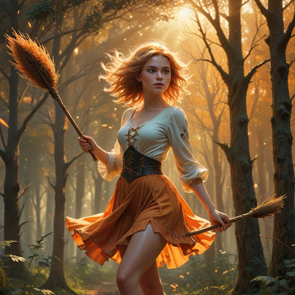 Young Woman's Enchanting Flight Over Forest at Sunset