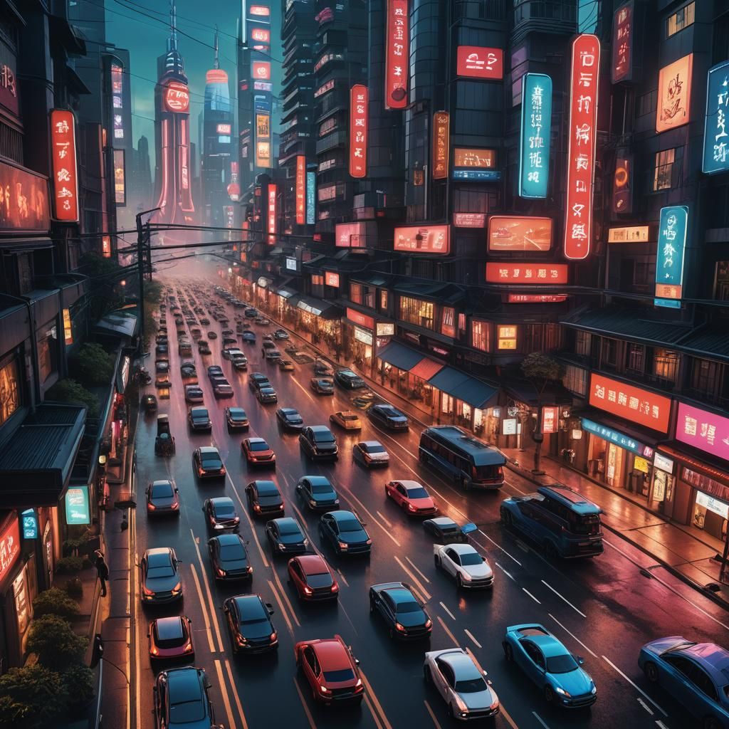 Futuristic Shanghai: Cell Phone Cars in Neon Cityscape