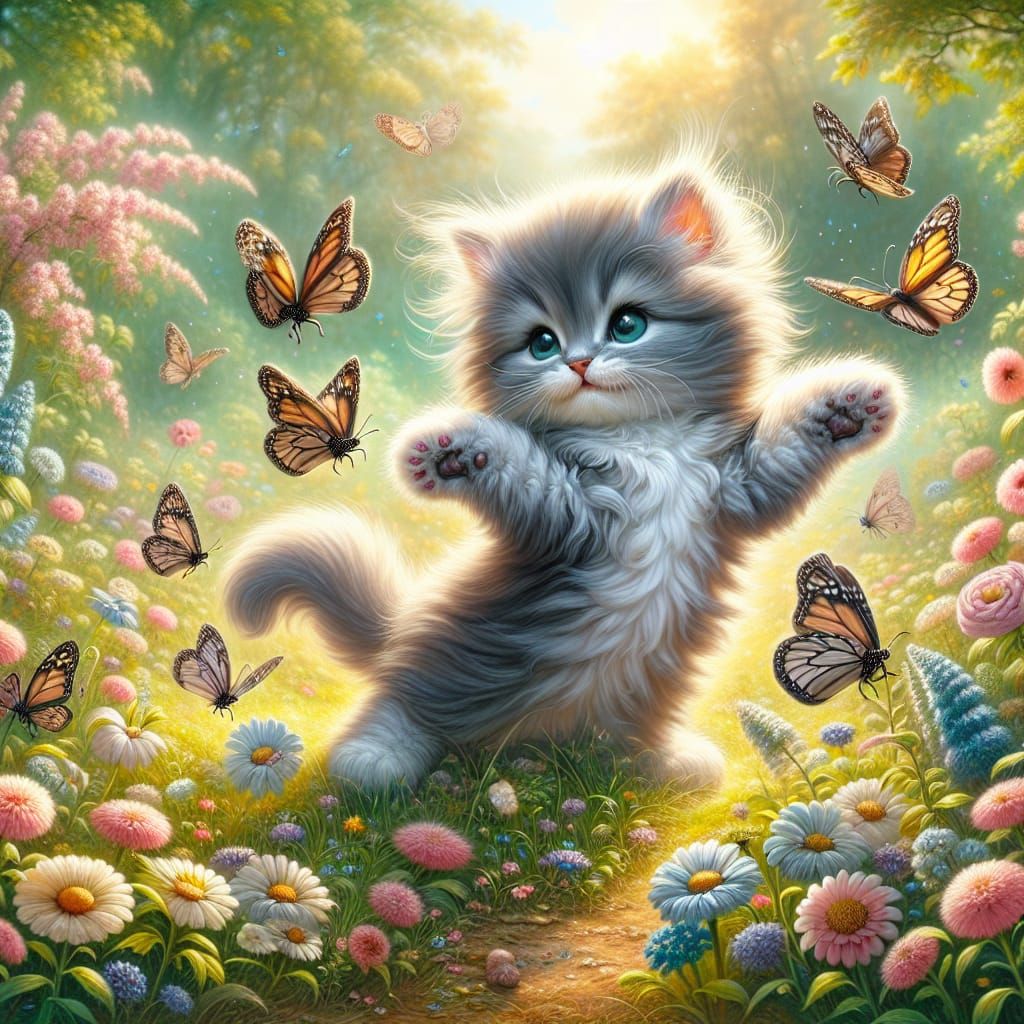 Whimsical Gray Kitten in a Romantic Meadow